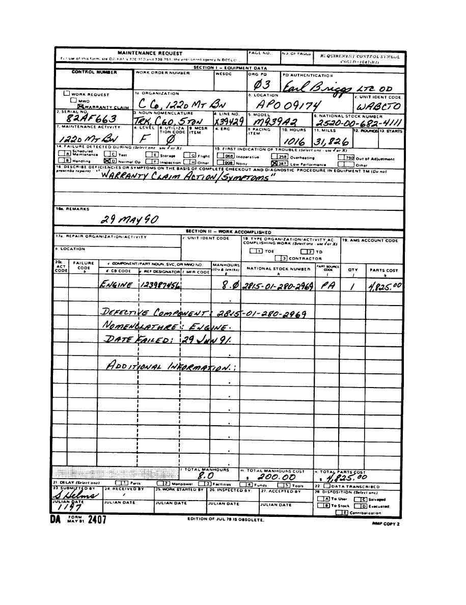 TB 9-2300-358-24. Figure A-1. DA Form 2407-Completed